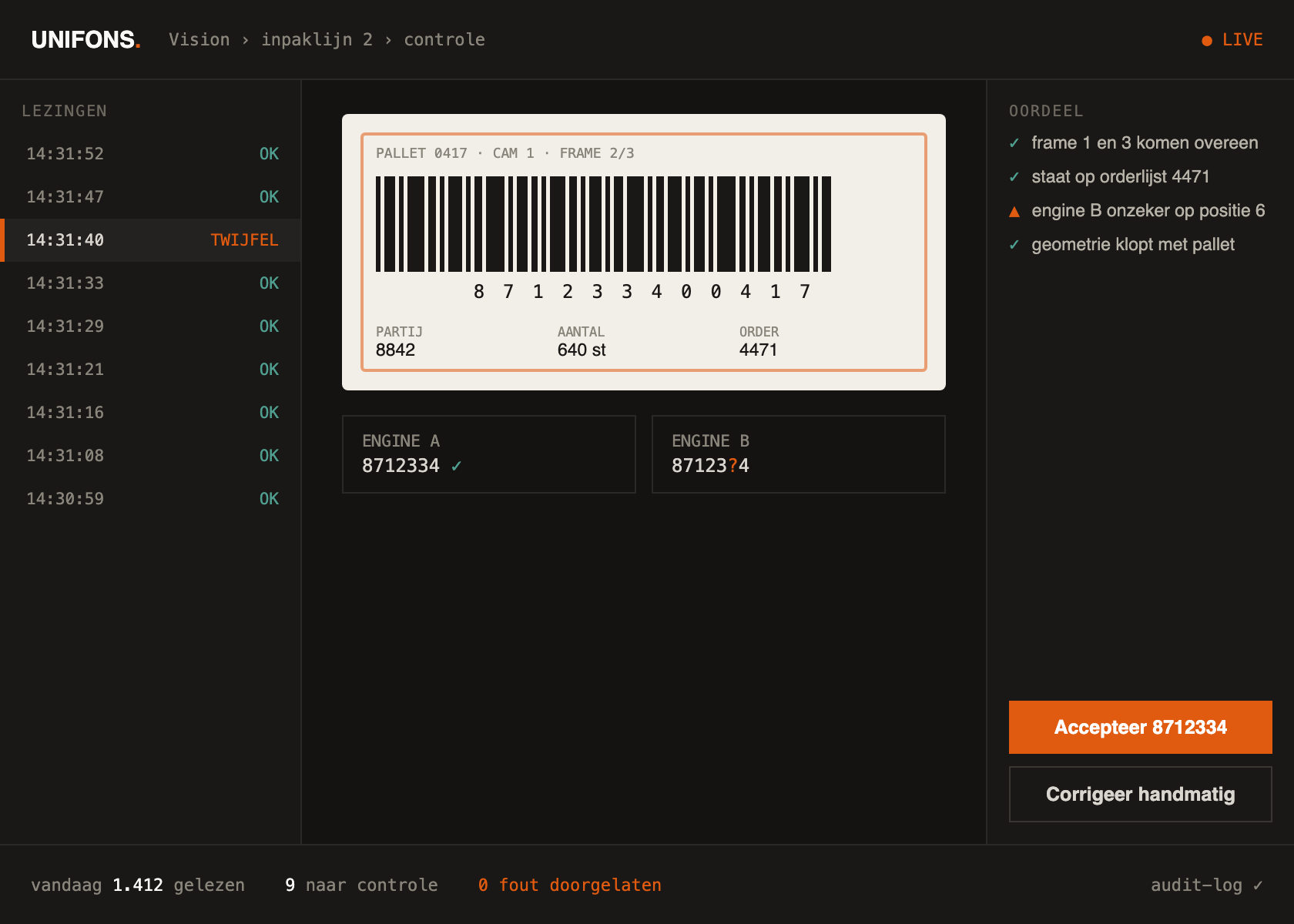 Unifons Vision: review queue with two engines, verdict and audit log